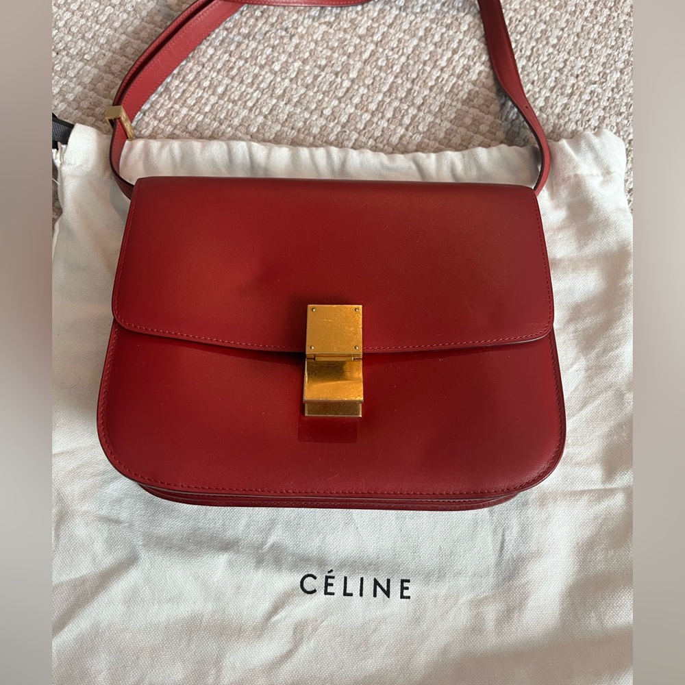 CELINE Box Calfskin Medium Classic Box Flap Bag Dark Brick